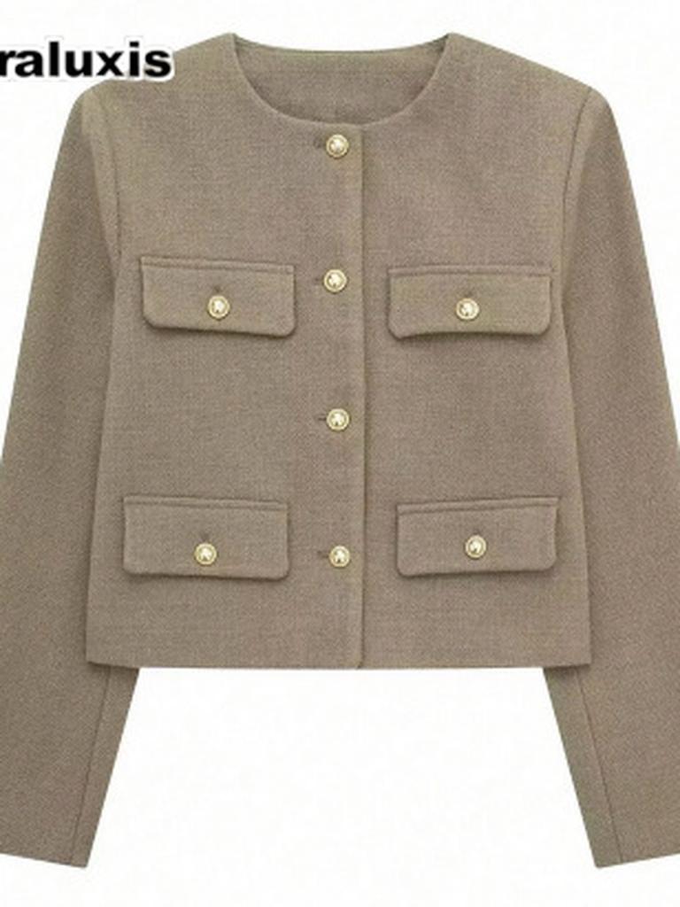 Women's New Fall Winter High-End Crew Neck Small Cardigan Style Short Jacket Fashion Versatile Oversized Check Blazer