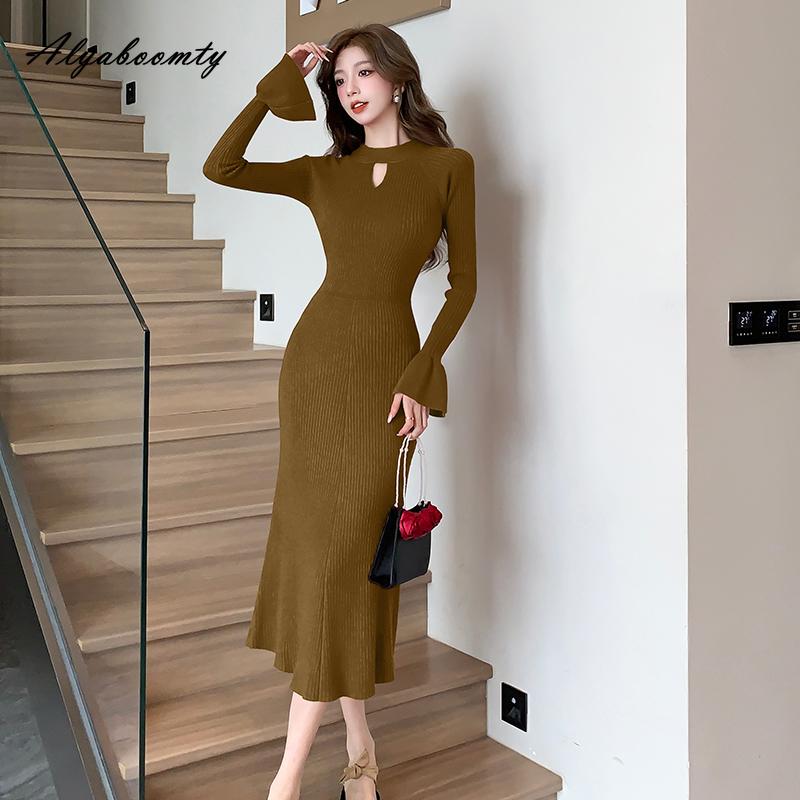 Korean Fashion Autumn Winter Women Sweater Dress Red Black Khaki Hollow Out Knitting Dress Knitted Flare Sleeve Warm Feminine Dress
