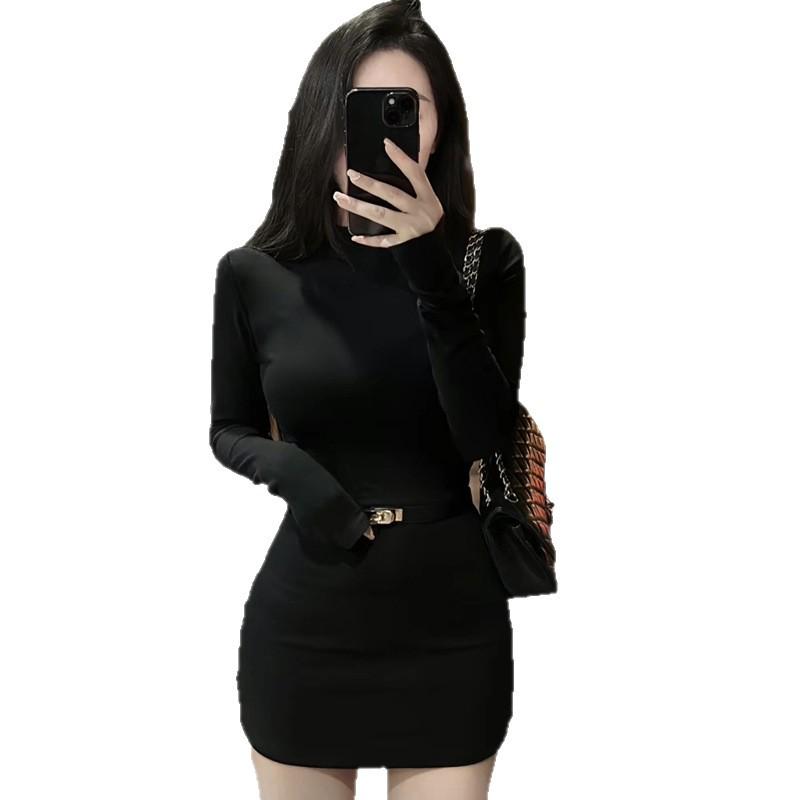 Elegant Slim-Fit Long-Sleeve Dress for Women - Autumn Half-High Neck, Waist-Cinched, Hip-Hugging Mini Skirt.