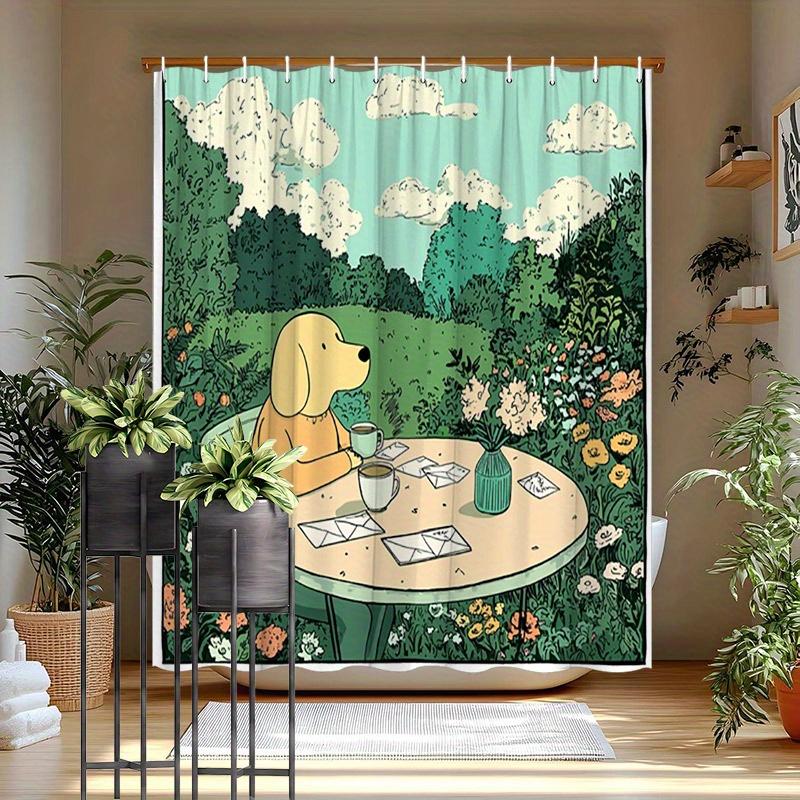 

Charming Puppy By The Lake Shower Curtain - Water-Resistant, Easy To Clean, Adds A Cute And Serene Touch To Your Bathroom Decor W60H190(CM)-1 Pcs