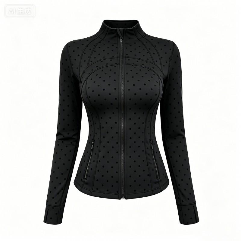 Flocked Polka Dot Cropped Stand Collar Jacket Womens Slim Fit Yoga Gym Pilates Activewear