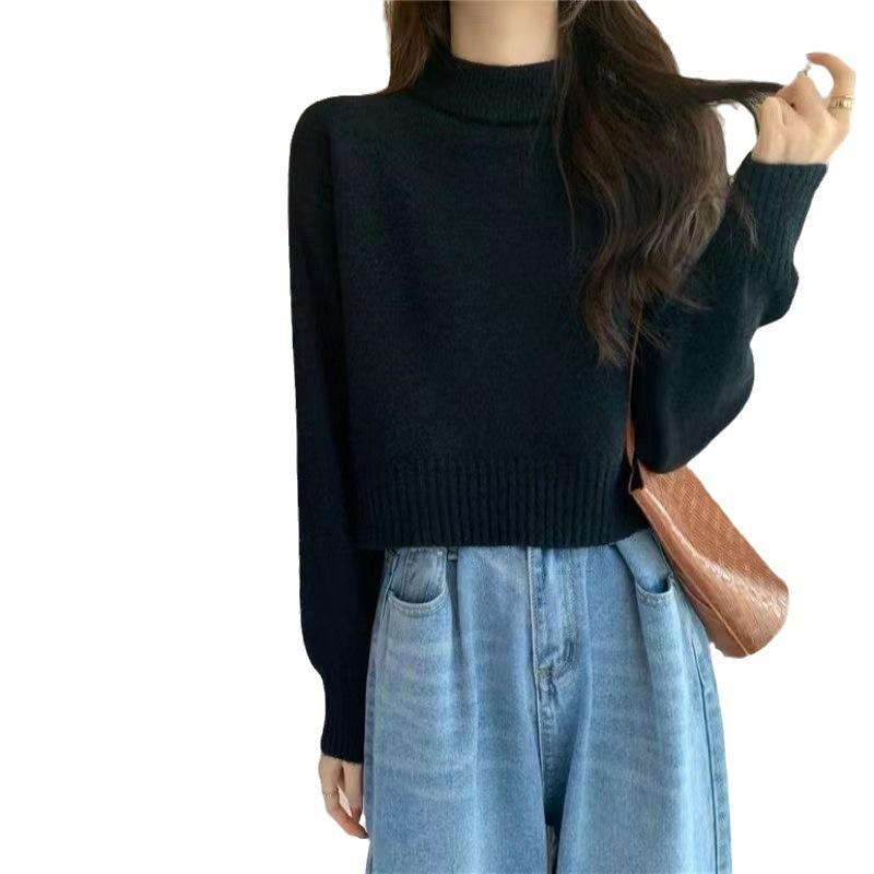 Semi-turtleneck pullover soft waxy inner loose knitted sweater women's autumn and winter solid color long-sleeved versatile short top