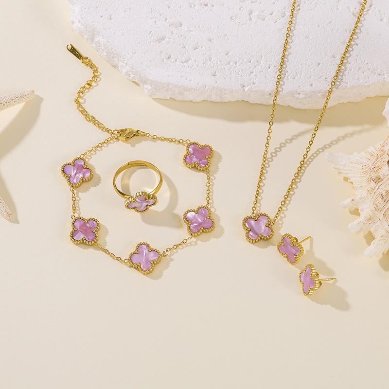 4PCS 13MM Double-Sided Mother-of-Pearl Lucky Four-Leaf Clover Bracelet, Earrings and Ring Four-Piece Women's Jewelry Set
