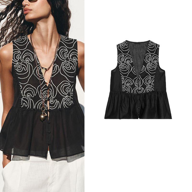 Summer New Product Women's Clothes Minimalist Easiest for Match Seaside Vacation Style Lace Embroidered V-neck Sleeveless Shirt 3666075