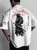 Japanese Ink Style Samurai Cherry Blossom Print Mens  Cotton Tshirt Casual Oneck Short Sleeve Tops Streetwear Tees