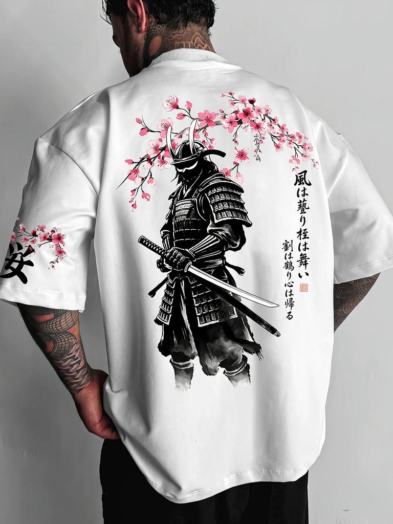 Japanese Ink Style Samurai Cherry Blossom Print Mens Cotton Tshirt Casual Oneck Short Sleeve Tops Streetwear Tees