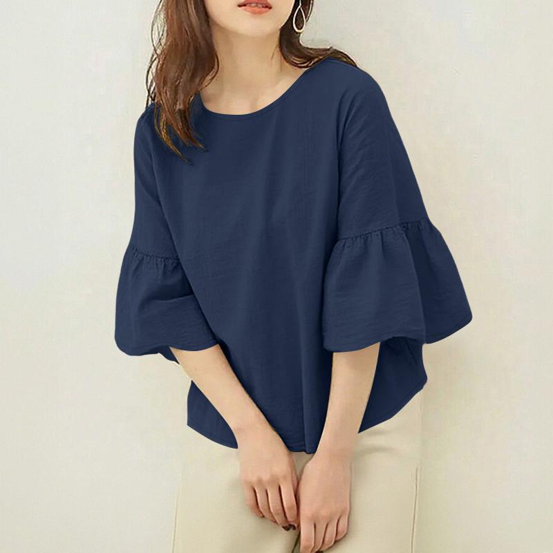 

Жіноча повсякденна однотонна вільна блузка з круглим вирізом ZANZEA з рукавом 3/4 3XL темно-синього кольору