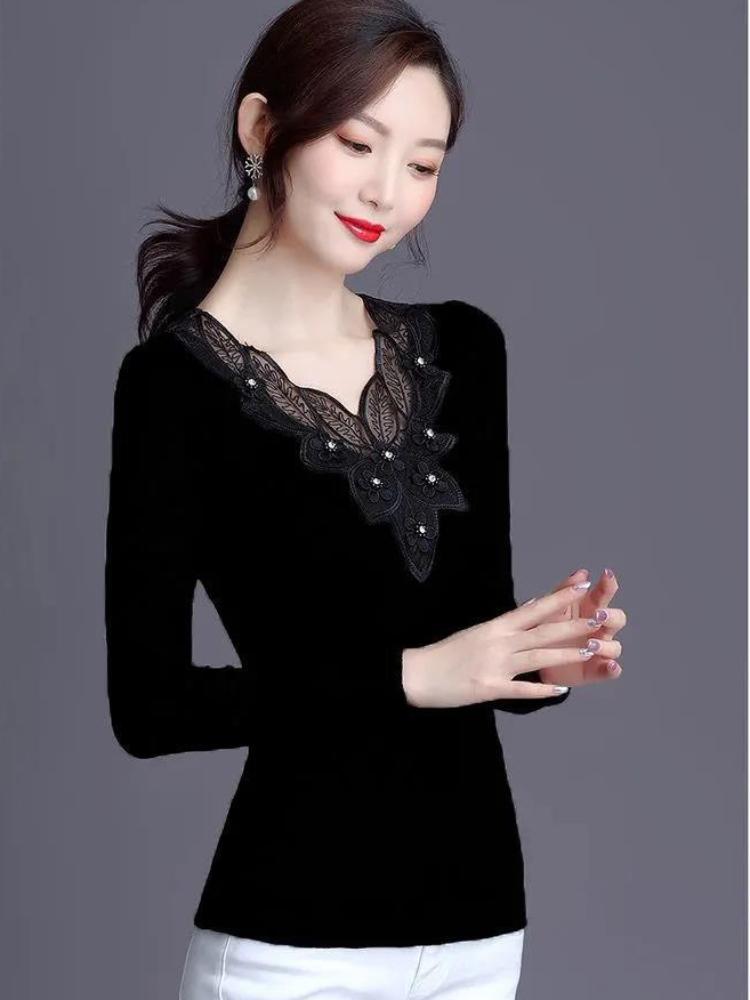 Autumn Coat, Black Mesh Base Shirt, Lace Fashionable Slimming Temperament Top
