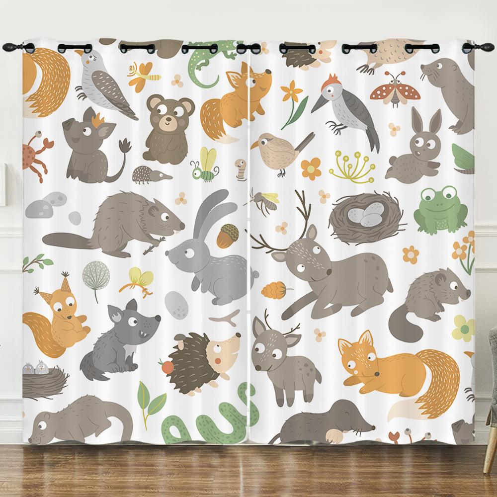 Curtain Cartoon Animal Bear Deer Love Kitten Digital Printing Blackout Curtain Punching