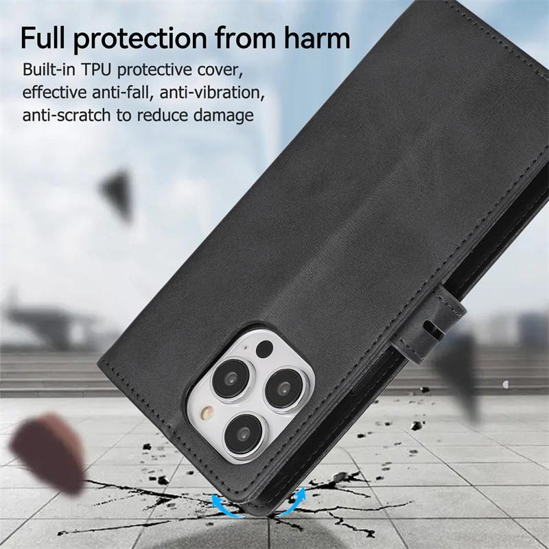 For iPhone 15 Pro Max Stand Wallet Calf Texture Phone Case Full Protection PU Leather Phone Cover