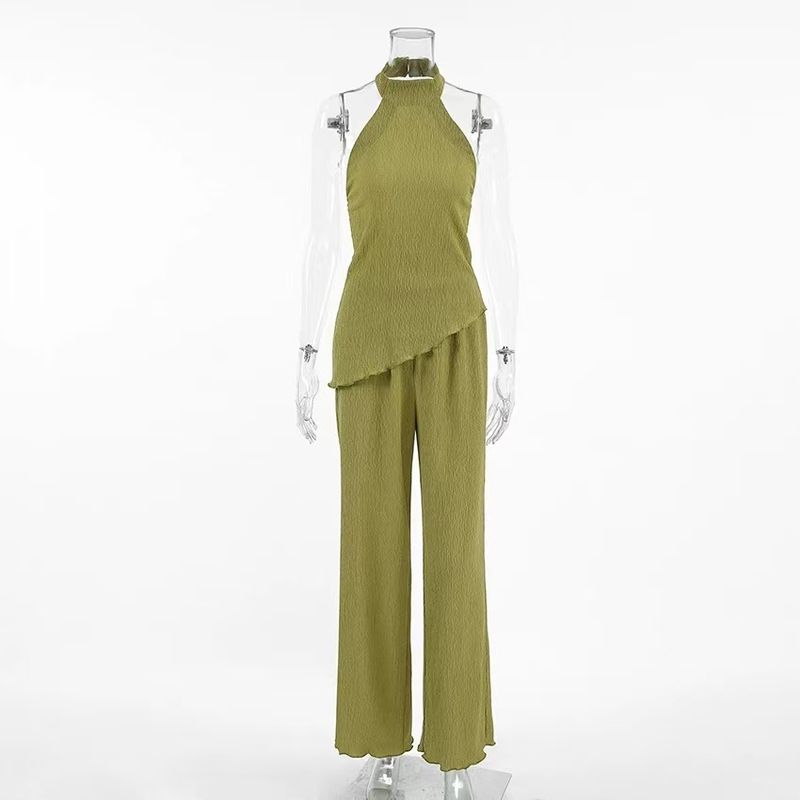 

Western Style Pleat Hanging Neck Top Wide Leg Pants Set Sexy Backless Top and Pants Set Green M