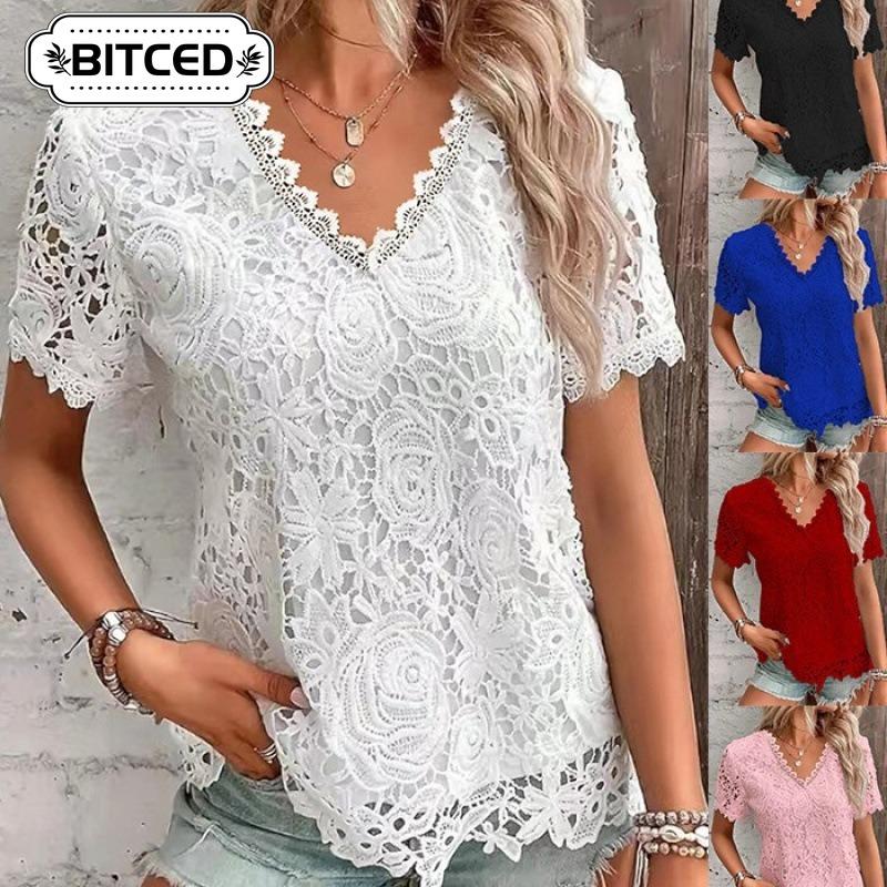 BITCED Women's Fashion Casual Solid Color Print Short Sleeve V Neck Blouses & Shirts Unique design