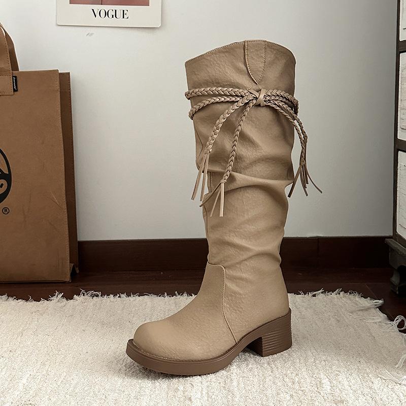 Fashion tribe fringed wind knight boots women's 2025 autumn and winter new thick heel but knee pile boots fashion boots