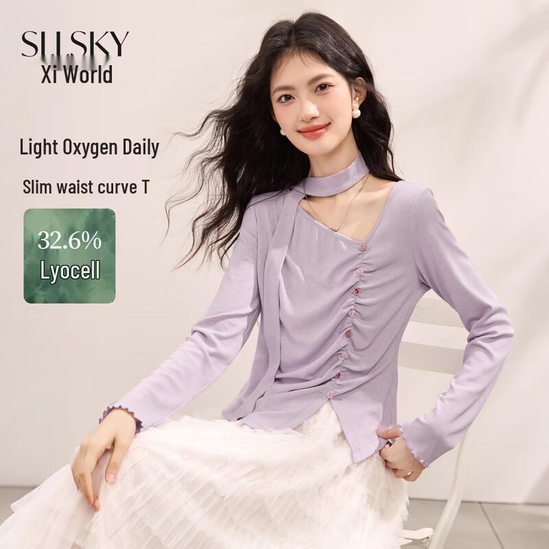 Women s Tencel Blend Irregular V-Neck Long-Sleeve T-Shirt L