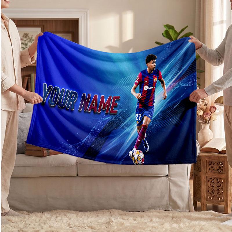 Coperta in pile personalizzata Lamine Yamal con logo del calcio, testo con nome personalizzato, morbida, calda, coperta da divano per la casa