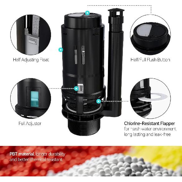 R&T 2-Inch Toilet dual flush valve replacement kit with Push Button Dual Flush Toilet Repair Kit Toilet Tank Parts Replacement for 2-piece Toilet