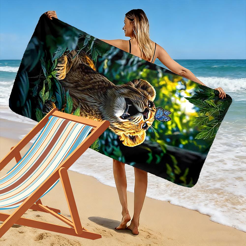 Lion Cub and Butterfly Jungle Scene Beach Towel Quick-drying for Travel Outdoor Sports Jogging Beach and Swimming