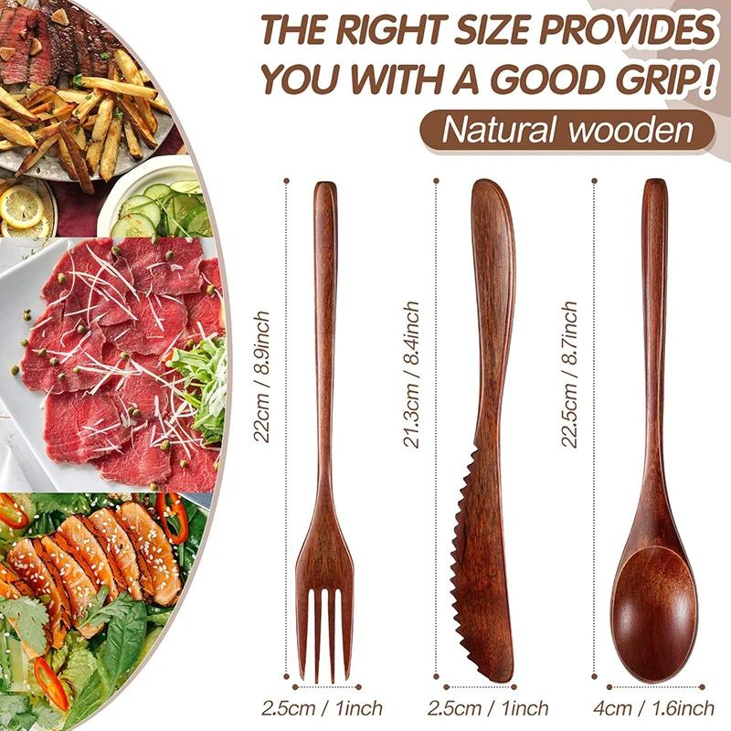 15/24Pcs Wooden Cutlery Set, Wood Spoon Fork & Knife Set for Eating, Reusable Flatware Sets Kitchen Utensils