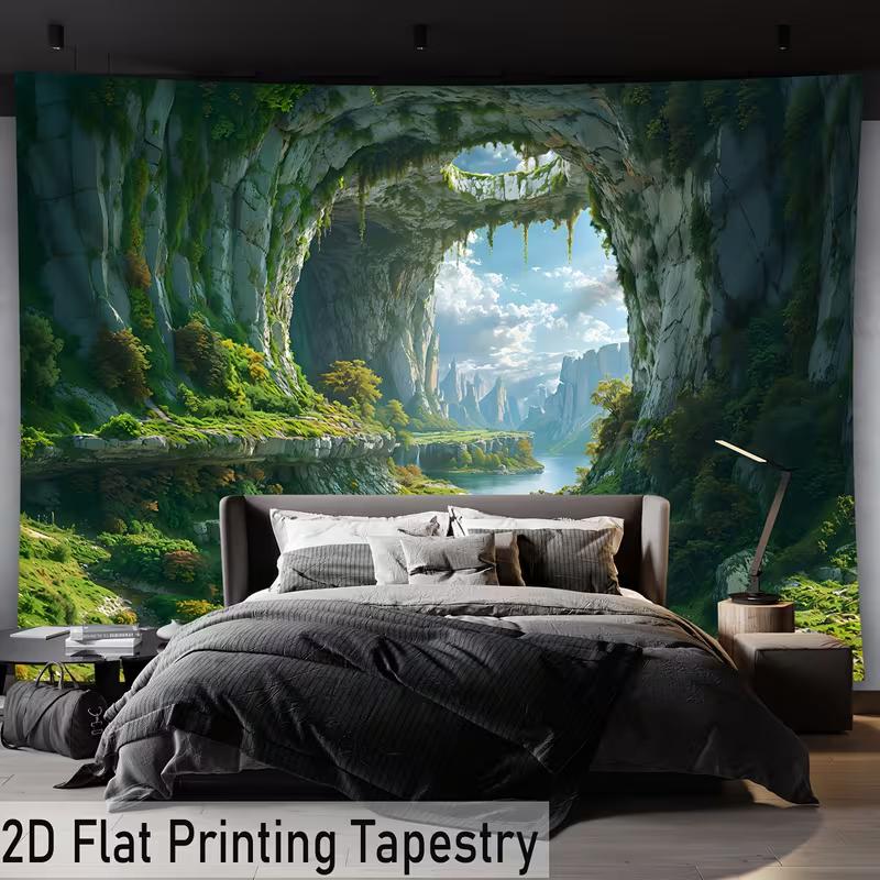2D Verzauberte Natürliche Höhlenlandschaft Wandteppich, Heim-Hintergrundtuch für Ästhetisches Zimmer