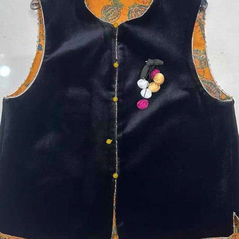 Elegant Black Velvet Double-Sided Shawl Vest for Women - Spring & Autumn Chinese National Style