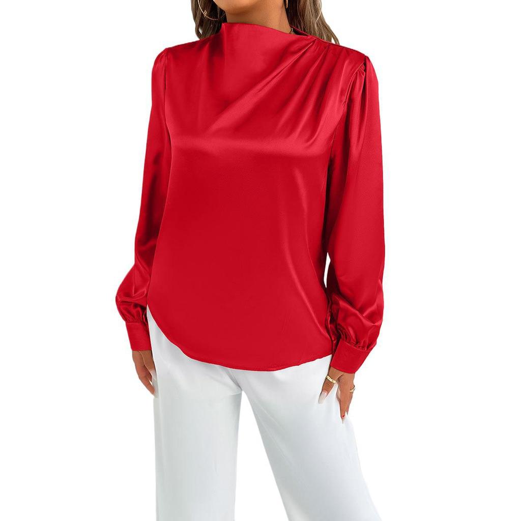 Light Transparent Solid Color Long Sleeved Top Satin Women’s Blouses & Shirts