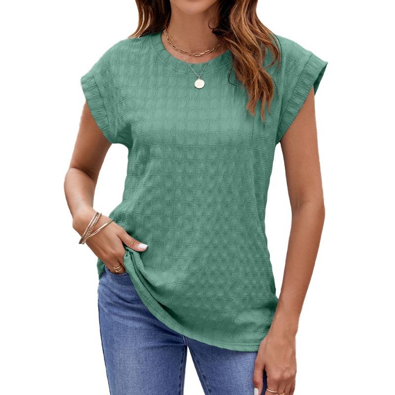 Spring Summer Solid Color Jacquard Solid Color Round Neck Short Sleeved T-shirt Top for Women Shirt