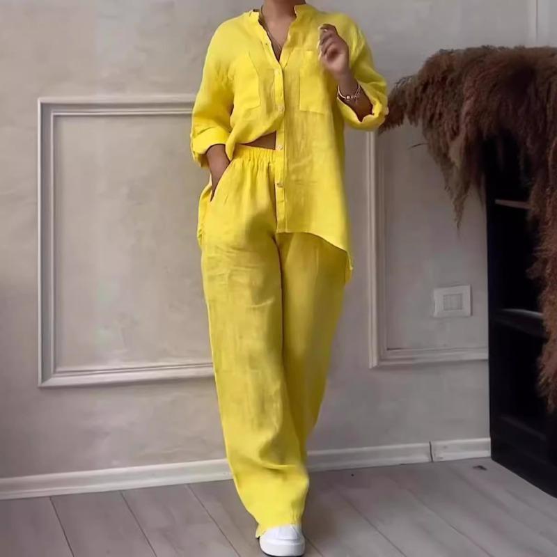 İlkbahar ve Sonbahar Kadın Düz Renk Tek Sıra Düğmeli Uzun Kollu Gömlek Geniş Paça Pantolon Bağcıklı Pantolon Takımı
