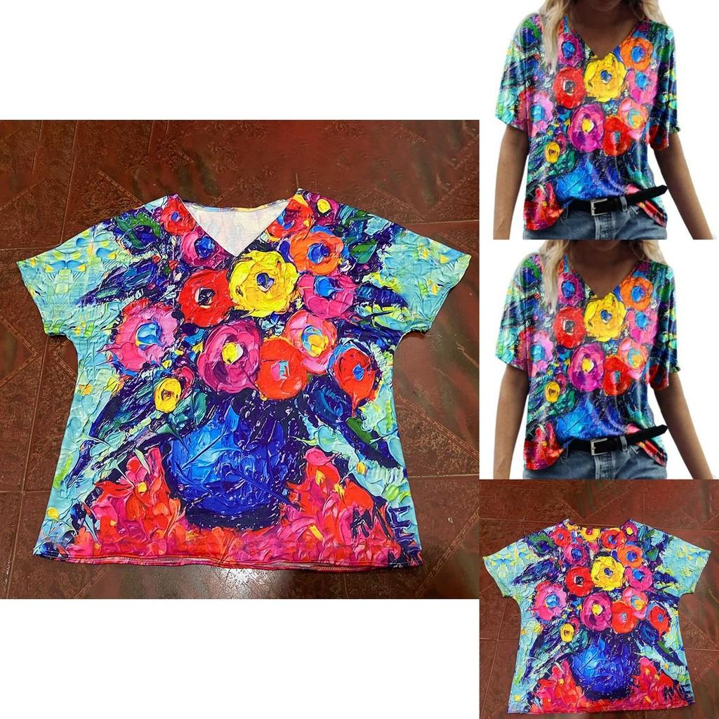 Summer Casual T Shirt With Floral Print And V Neck For Women
