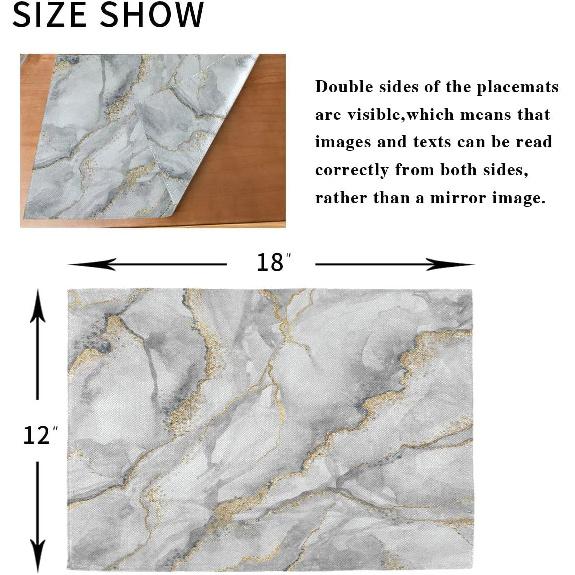Placemats Set of 6, Abstract Texture White Marble Gold Veins Dining Table Mats Non Slip Vinyl Placemat Kitchen Heat Resistant Washable
