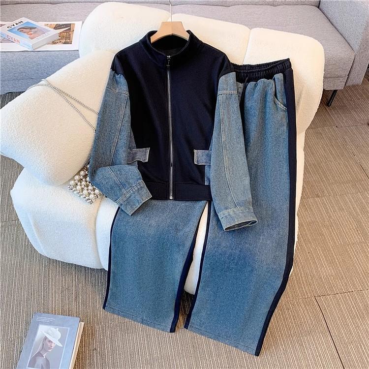 Women's Spring/Fall Set Student Patchwork Denim Top + Wide-Leg Pants Two-Piece Set