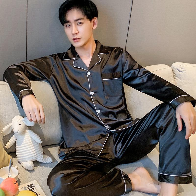 Men's Ice Silk Long-Sleeve Pajama Set - Thin & Breathable, Plus Size, for Spring & Autumn