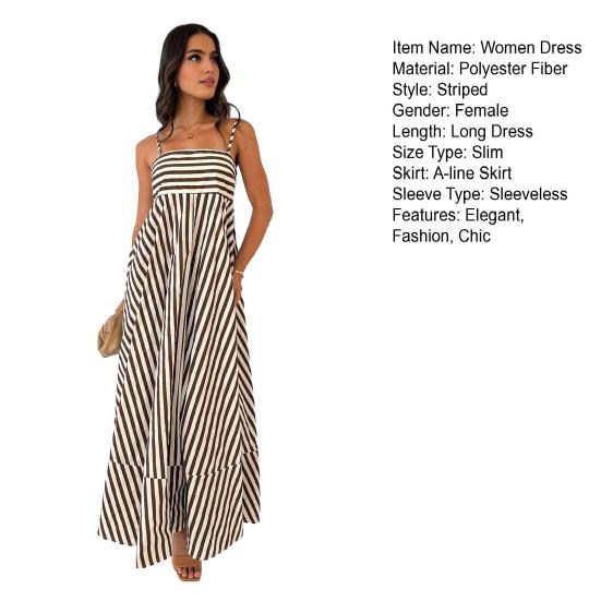 Striped Sleeveless Maxi Dress for Women Spaghetti Strap Smocked Swing Long Dress Summer Vacation Cami Sundress