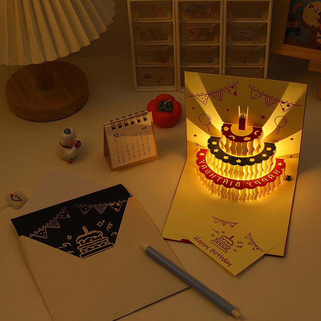 3D Pop up Happy Birthday Cake Led Light Foldable Paper Cards for Birthday