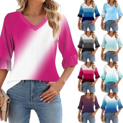 Women's Casual 3/4 Sleeve Top Summer V-neck Puffy Sleeve T-shirt Top