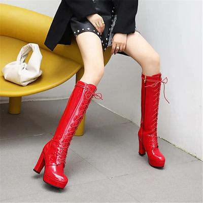 Knee High Boots Women Sexy High Heels Platform Winter Boots Lace-Up Red Black White Women High Boots Fetish Shoes Plus Size 43