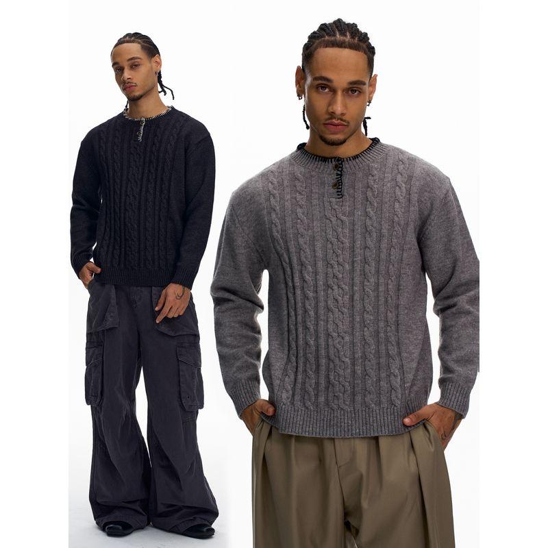 Kisko Autumn and Winter American-Style Henry Collar Hand-Stitched Cable Knit Sweater for Men and Women, High-End Casual Warm Knitwear