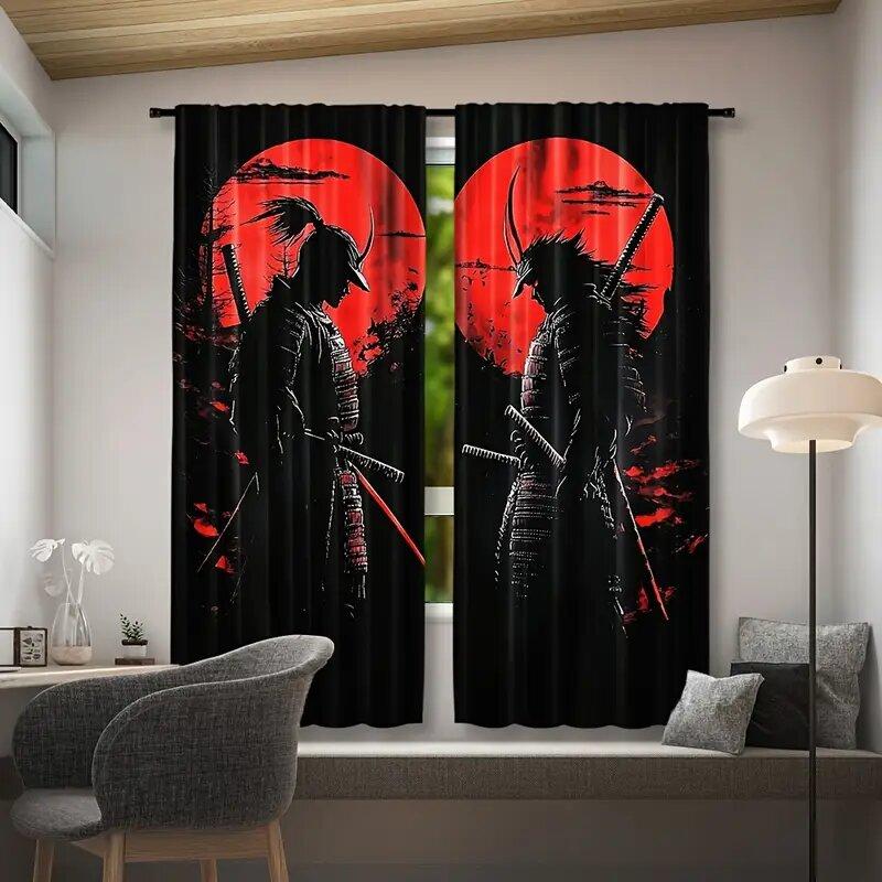 Set Of 2 Japanese Samurai Ink Paintings Print Curtains Pole Bag Home Decoration Room Curtain Polyester