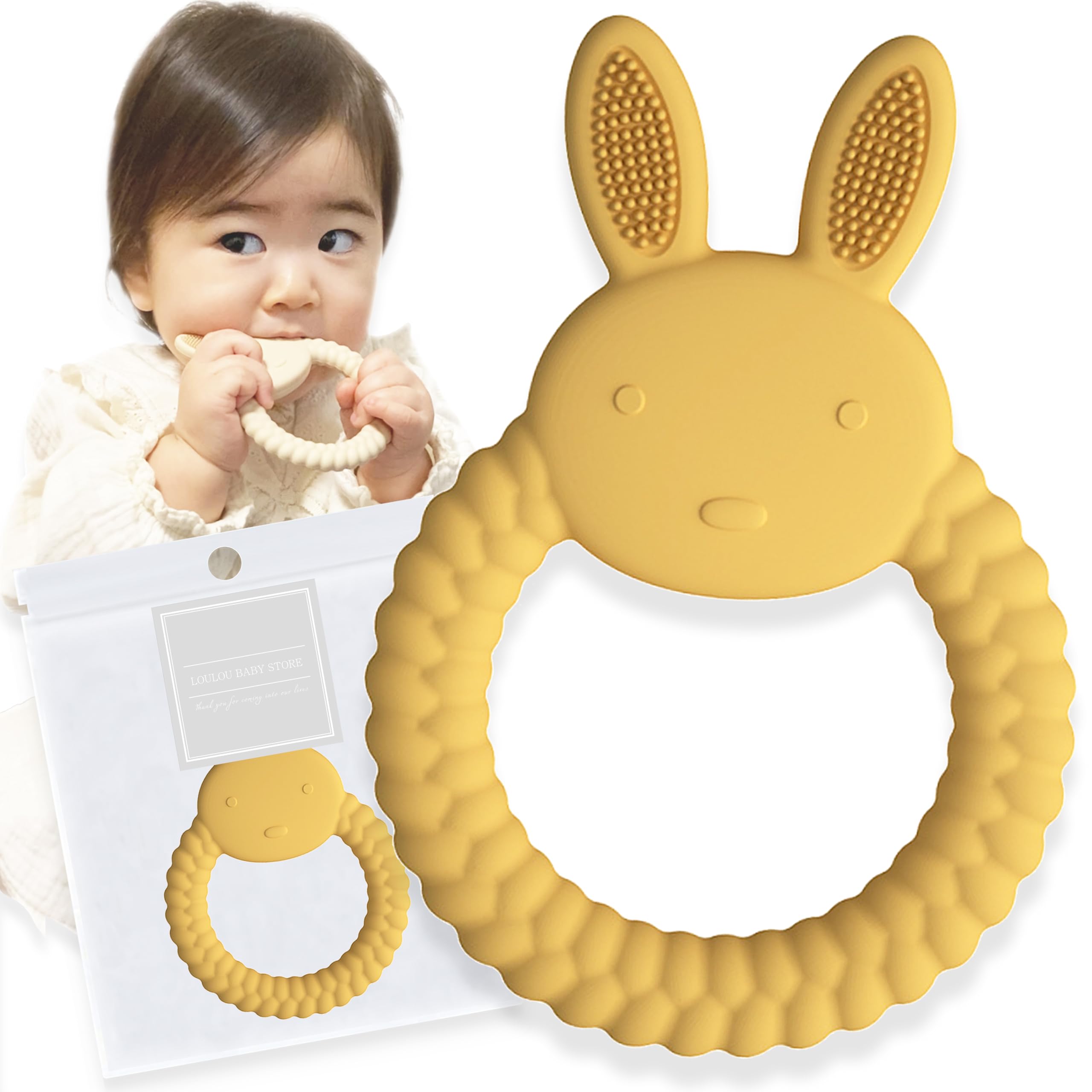 

[Recommended by Childcare Workers] LOULOU BABY STORE Rabbit Teether, Yellow, Muted Color, Easy to Chew, Easy to Grasp