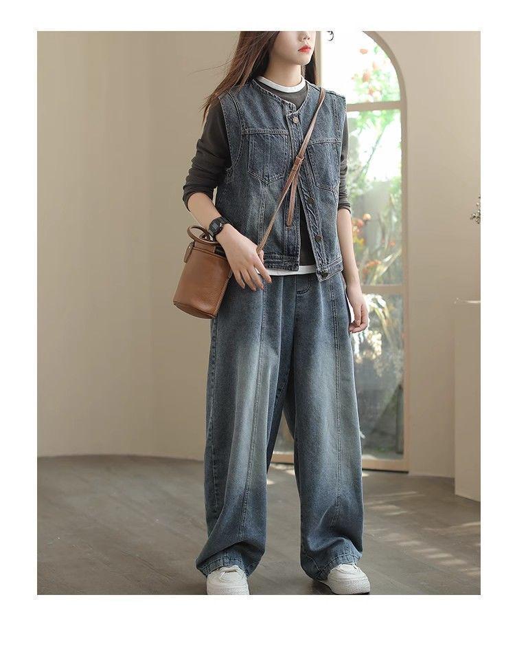 Women's Plus Size Elastic Waist Denim Wide-Leg Harem Pants - Slimming and Casual for Spring and Autumn