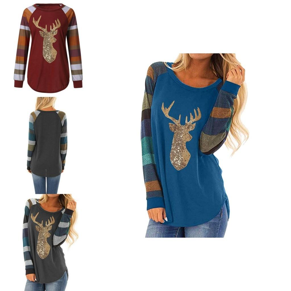 Festive Womens Christmas Tops With Sparkling Sequin Reindeer Long Sleeve Design