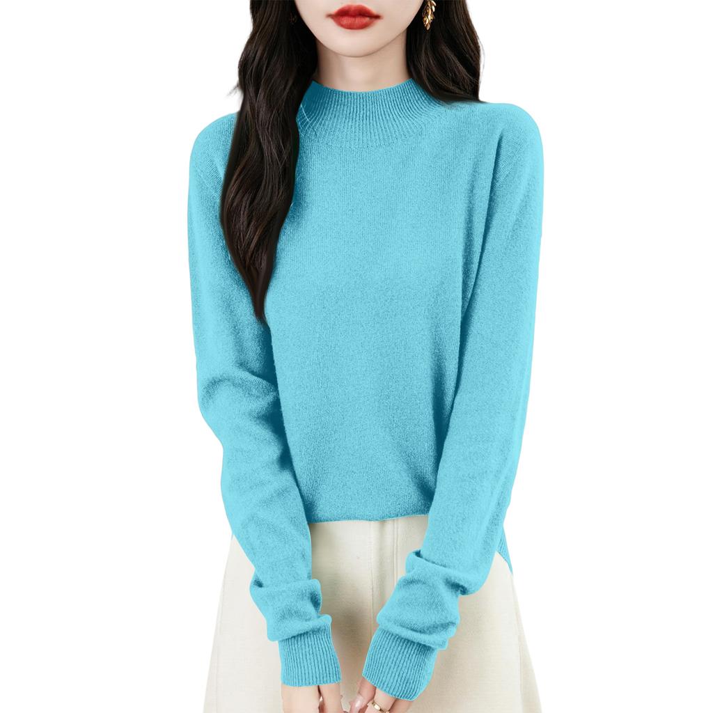 Women's Fashion Flat-Knit Half-Turtleneck Pullover Sweater Solid Color Long-Sleeve Top