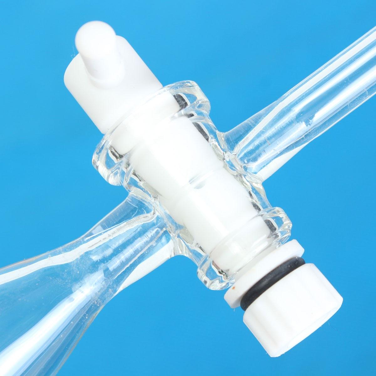 Imbuto separatore conico con rubinetto in vetro e tappo di plastica Imbuto separatore conico con rubinetto in vetro e tappo di plastica