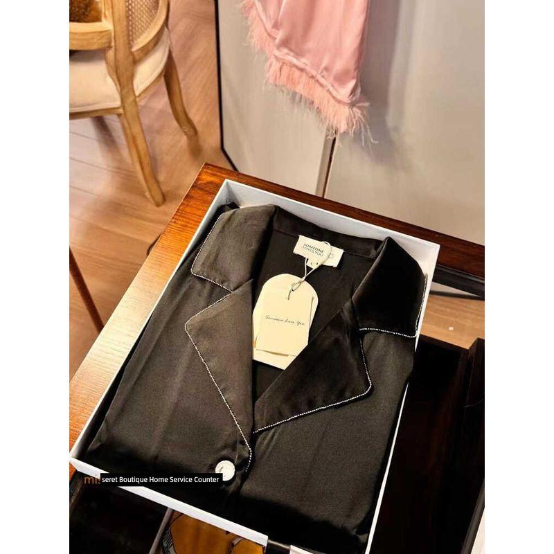 Dutch Original Order ~ Diamond Buckle Black Feather Nightdress Women's Detachable Long Sleeves Pants Single-Breasted Suit Homewear