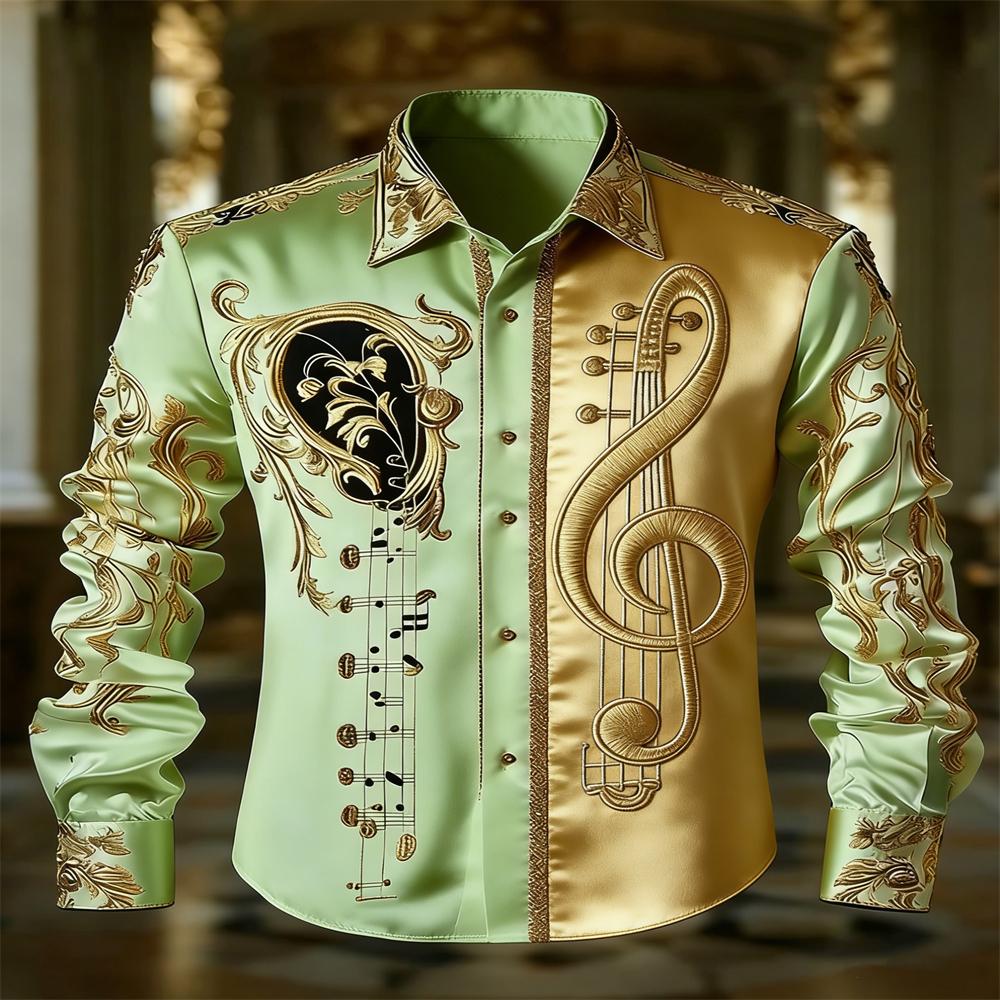 Men's Retro Botanical Musical Note Printcasual Long-sleeved Shirt, High-end Luxury, Suitablefor Parties and Dances.