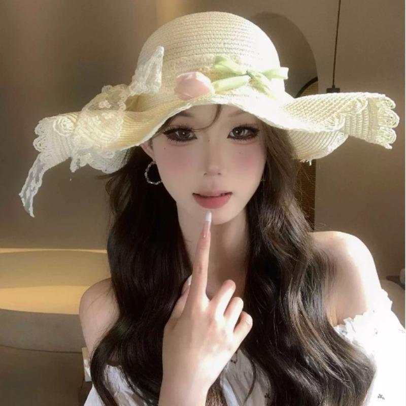 Big Brim Sun Hat Seaside Beach Idyllic Forest Bow Streamer Straw Hat Female Summer Flower Tulip
