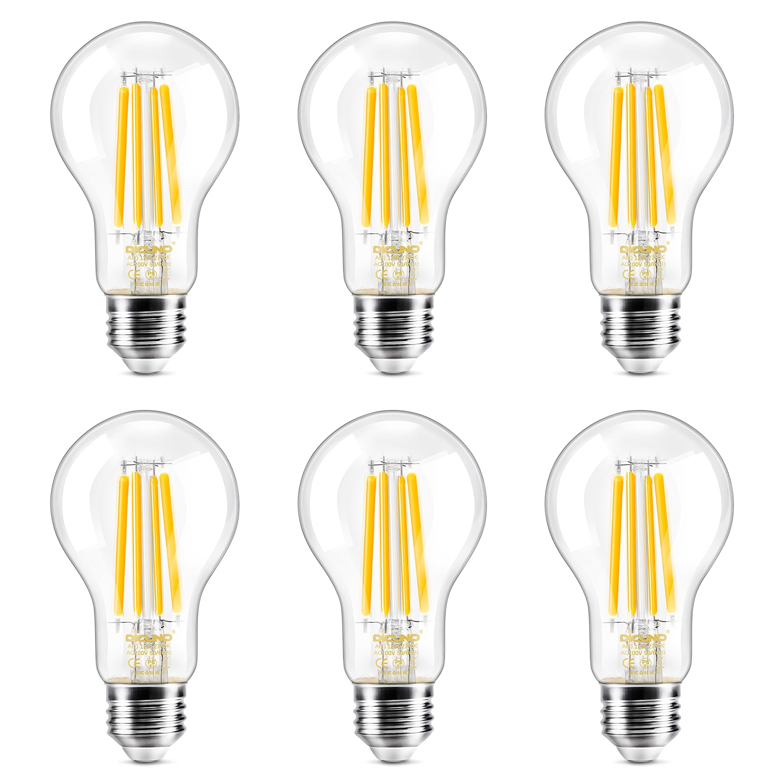 

DiCUNO LED Bulbs, E26 Base, Warm White, 120W Equivalent, Edison 12W Filament Bulbs, 1650lm, 2700k, Standard Bulb Shape, Clear, Energy Saving,