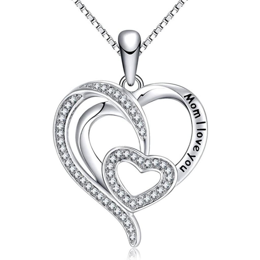 Mom I Love You Engraved Double Heart Pendant Necklace with Sparkling Stone Border Sentimental Mother Jewelry for Women