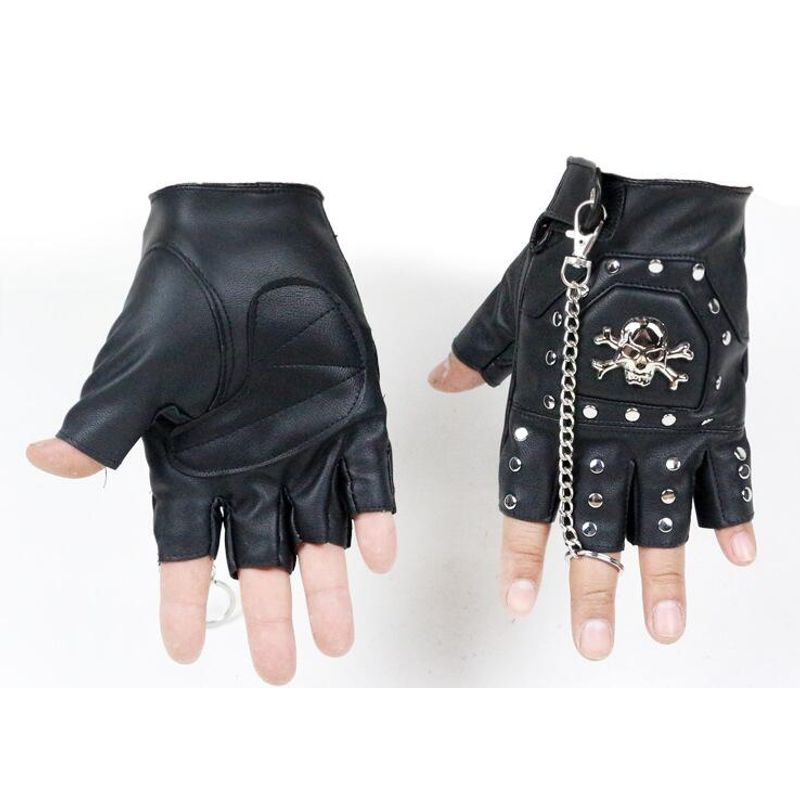 

Punk Cross Ghost Head Pendant Chain Lamb Genuine Leather Skull Half Finger Rivet Bar Nightclub Men s Motorbike Gloves Black imitation leather