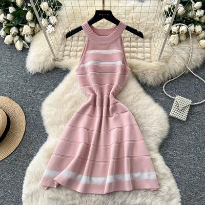 Korean Fashion Striped Hollow Out Sleeveless Knit Mini Dress for Women Summer High-Waisted A-Line Short Dress