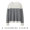 Round Neck Cashmere Knit Sweater for Women - Long Sleeve, Color Block Stripes, Versatile Autumn/Winter Base Layer Top